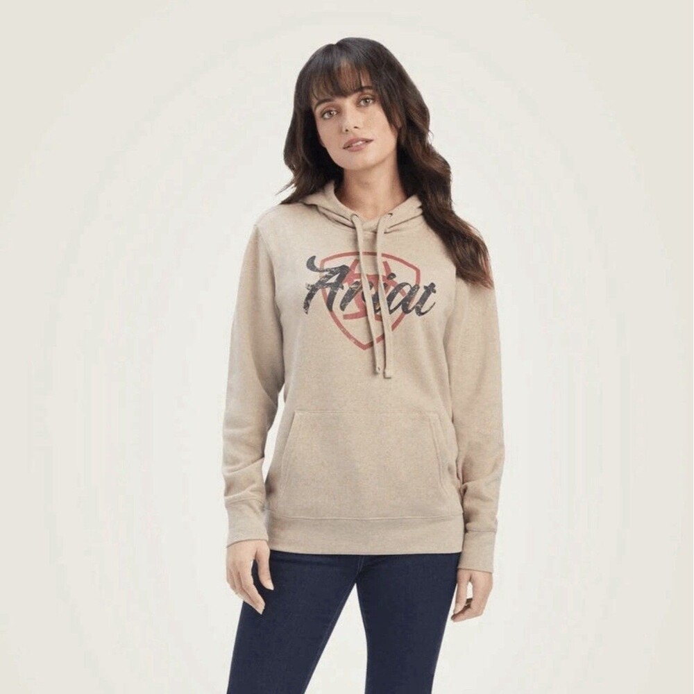 Ariat Real Shield Oatmeal Heather Logo Long Sleeve Women’s Hoodie Size Small